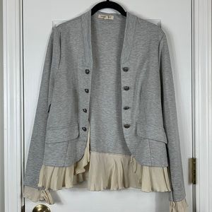Living Doll heather grey long sleeved open front cardigan size 1. Beige ruffles